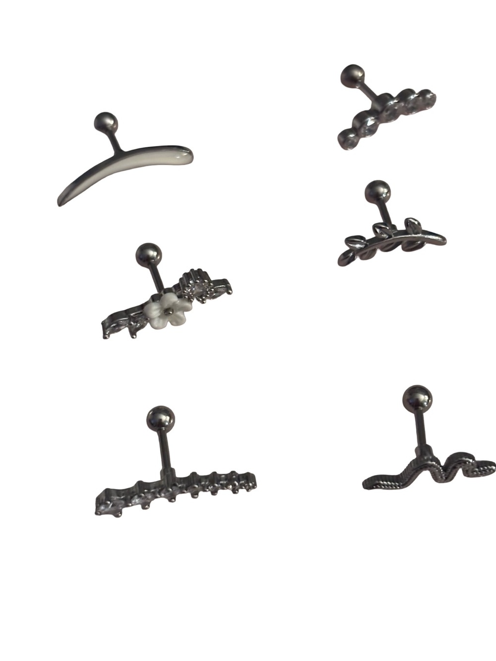 Silver Tone Ear Cartilage & Stud Set with White Accent Stainless Steel